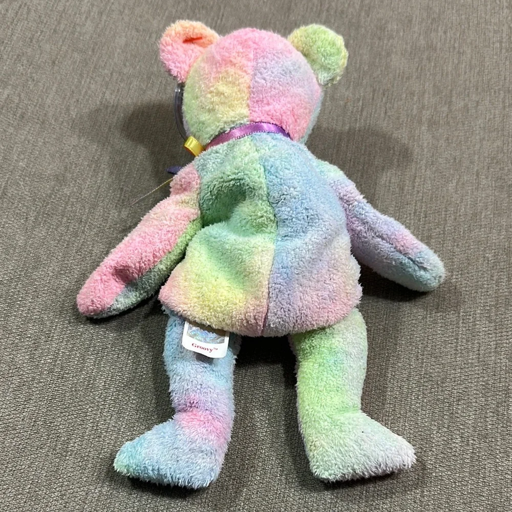 Ty Beanie Baby Groovy Pink and Green Stuffed Animal Bear